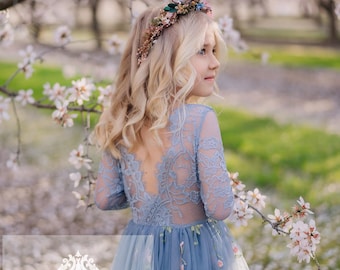 Blue Grey Floral Long Sleeve Flower Girl Dress