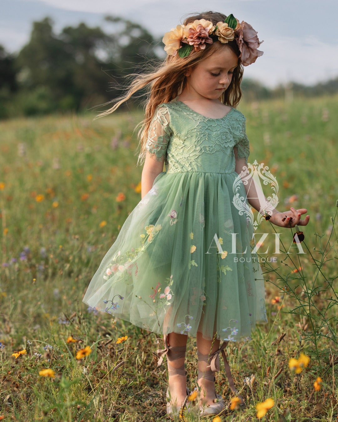 Floral Embroidered Tulle Flower Girl Dress, Easter Girls Dress, Spring ...