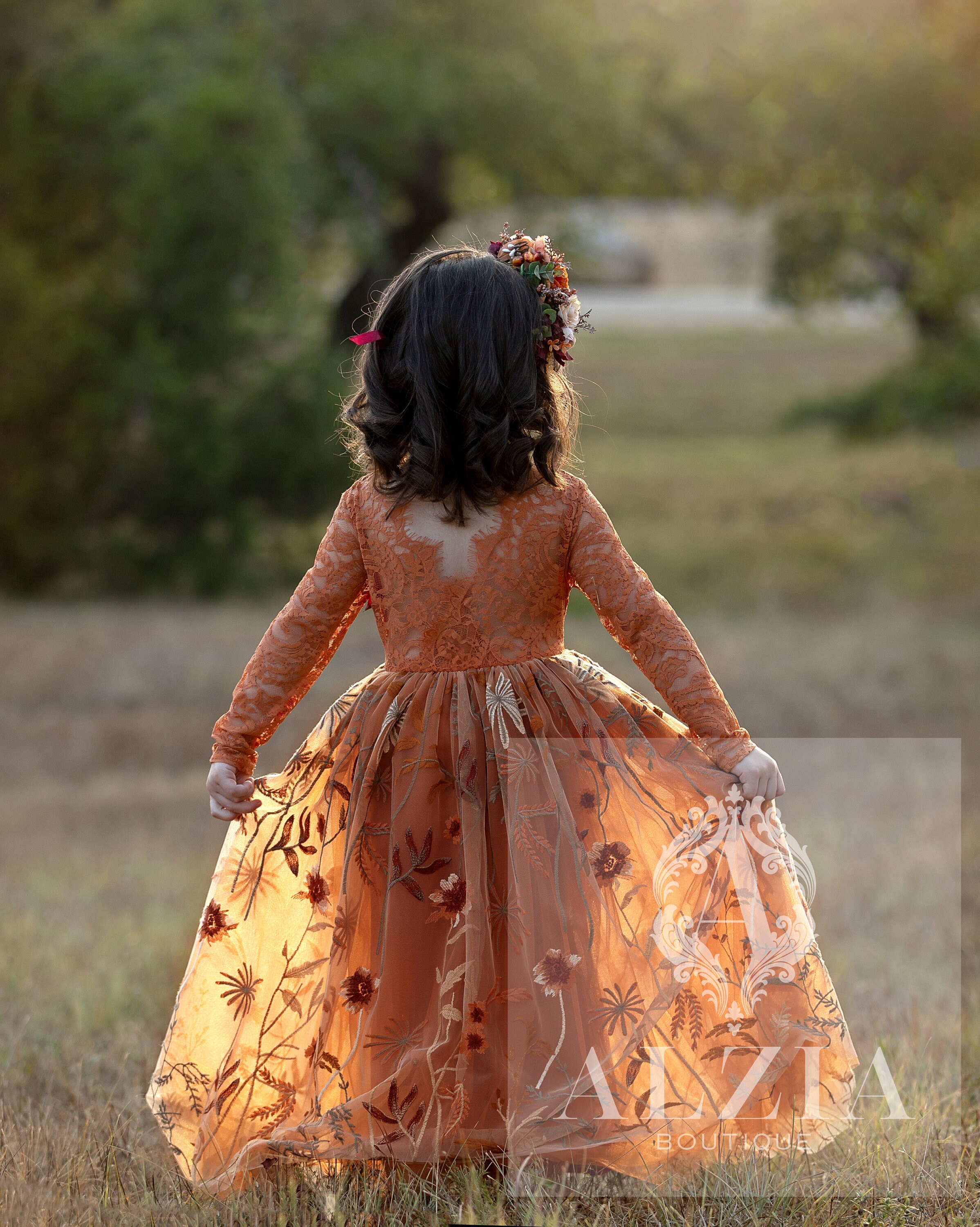 open lace back dress Burnt Orange Straps Lace Long Prom Dress with 3D Flowers  FancyVestido