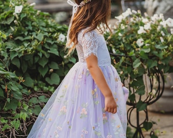 Purple Lilac Flower Girl Dress: Embroidered Tulle, French Lace Back