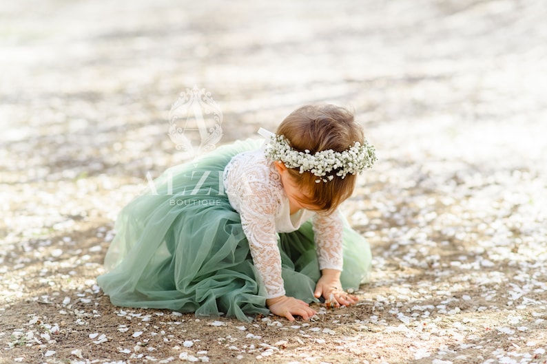 Sage Green Flower Girl Lace Dress With Tulle Bottom image 10