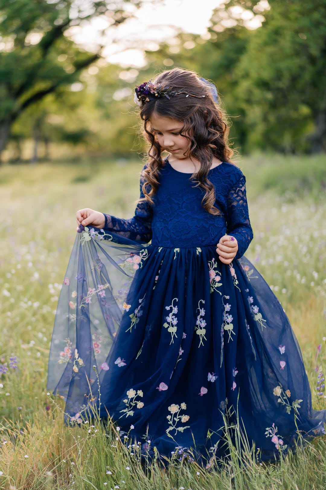 navy blue flower girl dresses Navy Flower Girl Dress | Wildflower Embroidered Tulle | Boho