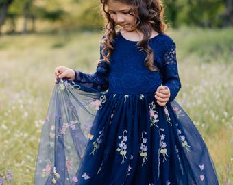 Navy Flower Girl Dress | Wildflower Embroidered Tulle | Boho