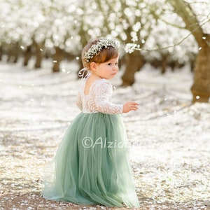 Sage Green Flower Girl Lace Dress With Tulle Bottom image 4