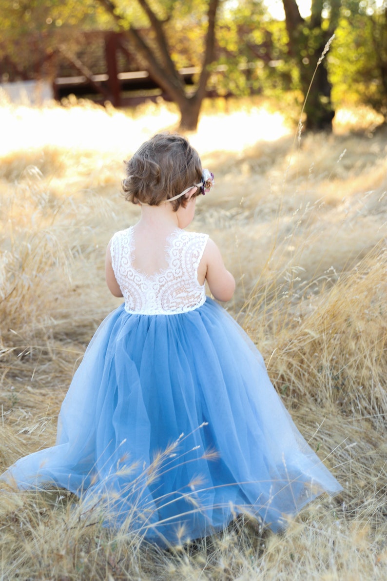 Full Length Sleeveless Dusty Blue Tulle Lace Top Scalloped Edges Back Party Flower Girl Dress
