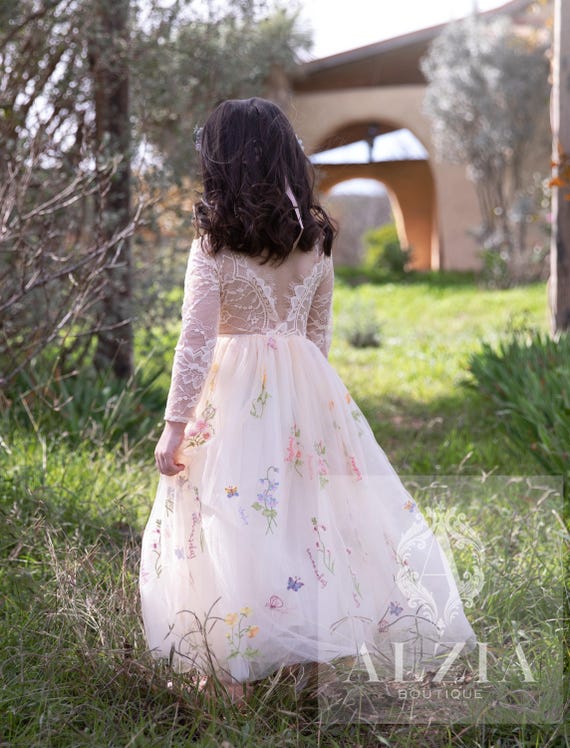 Champgane Embroidered Tulle Flower Girl Dress: Long Sleeve Lace