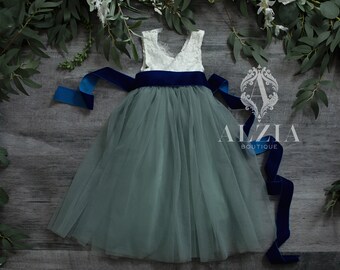 Dusty Sage Green Tulle Flower Girl Dress