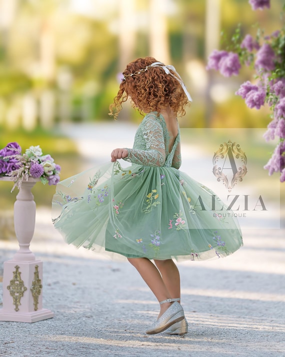 Sage Green Flower Girl Dress  Knee Length  Script Embroidered Tulle   Rustic Wedding Dress - Etsy Israel