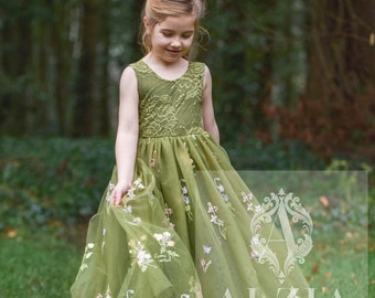 Olive Green Floral Embroidered Tulle Flower Girl Dress, Autumn Girls Dress, Winter Flower Girl Dress, Fall Floral Dress for Girls