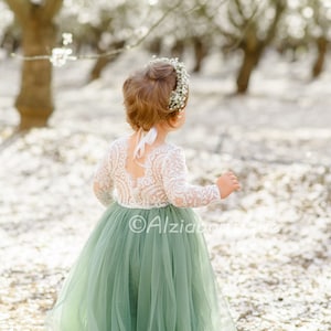 Sage Green Flower Girl Lace Dress With Tulle Bottom image 2