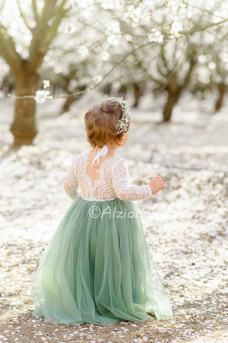 Sage Green Flower Girl Lace Dress With Tulle Bottom image 2