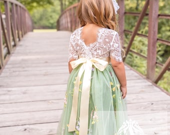 White Lace Flower Girl Dress: Embroidered Tulle, Rustic Boho Wedding
