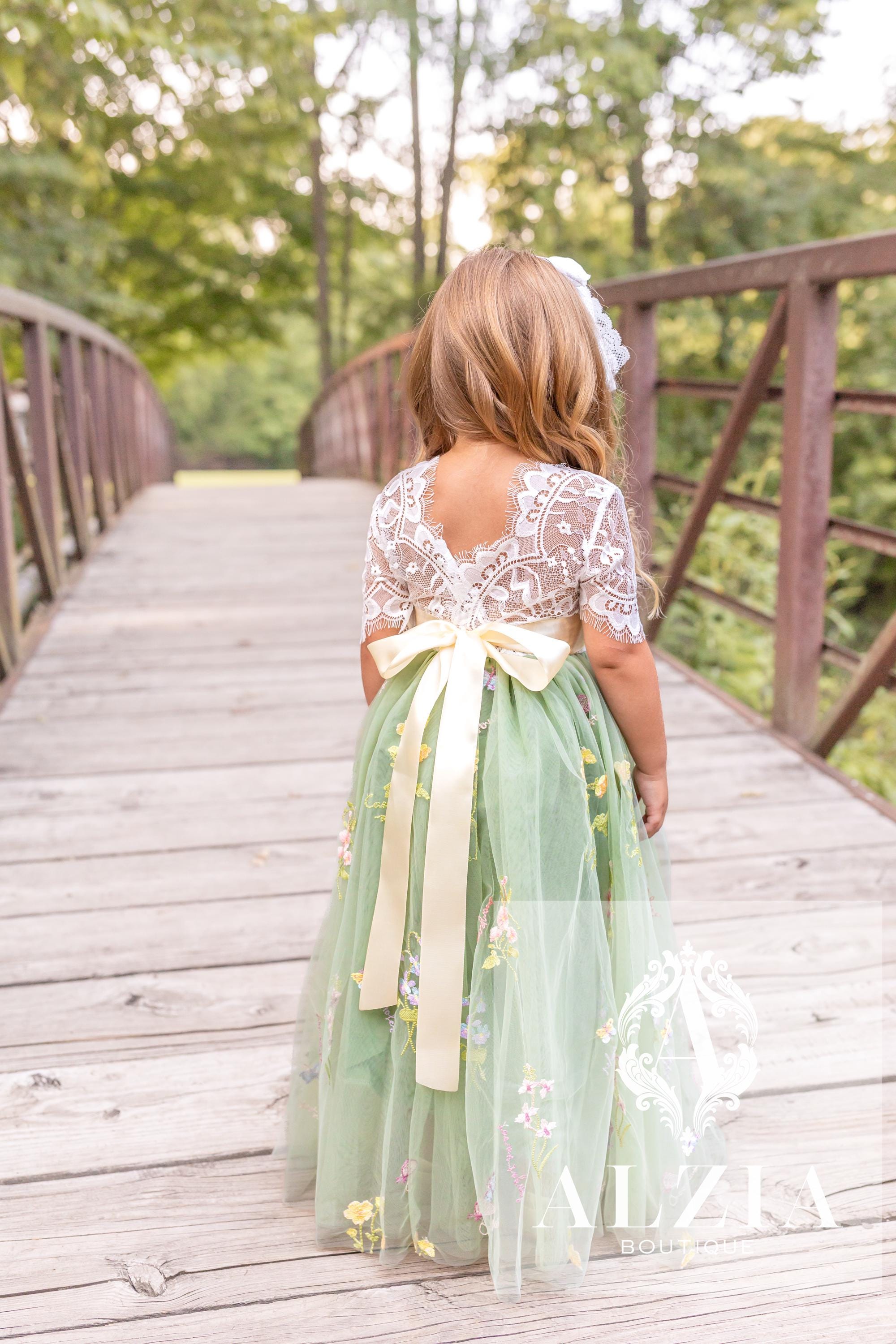 adult graduation dress Sage Green Mesh Tulle Flower Girl Dress Party Gown – TANYA BRIDAL main image 1