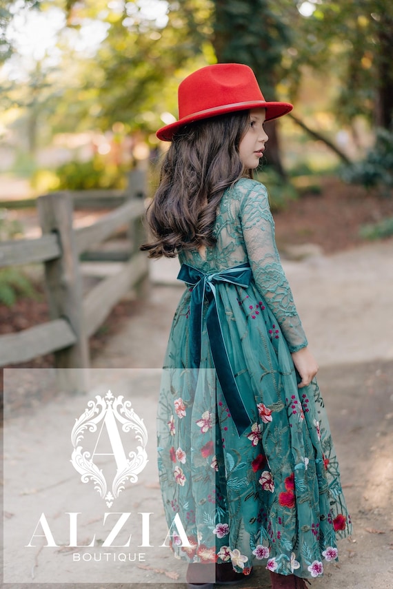 green emerald velvet dress Laurel Teal Floral Embroidered Maxi Dress – Frock and Frill main image 0