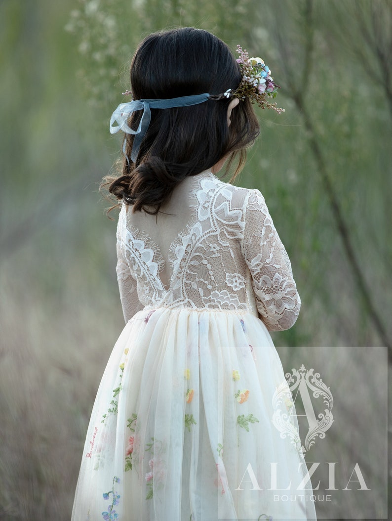 Floral Embroidered Tulle Flower Girl Dress, Easter Girls Dress, Spring Flower Girl Dress, Summer Floral Dress for Girls Champagne