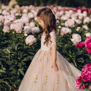 Pink Flower Girl Dress | Wildflower Embroidered Tulle | Boho