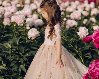 Pink Flower Girl Dress | Wildflower Embroidered Tulle | Boho