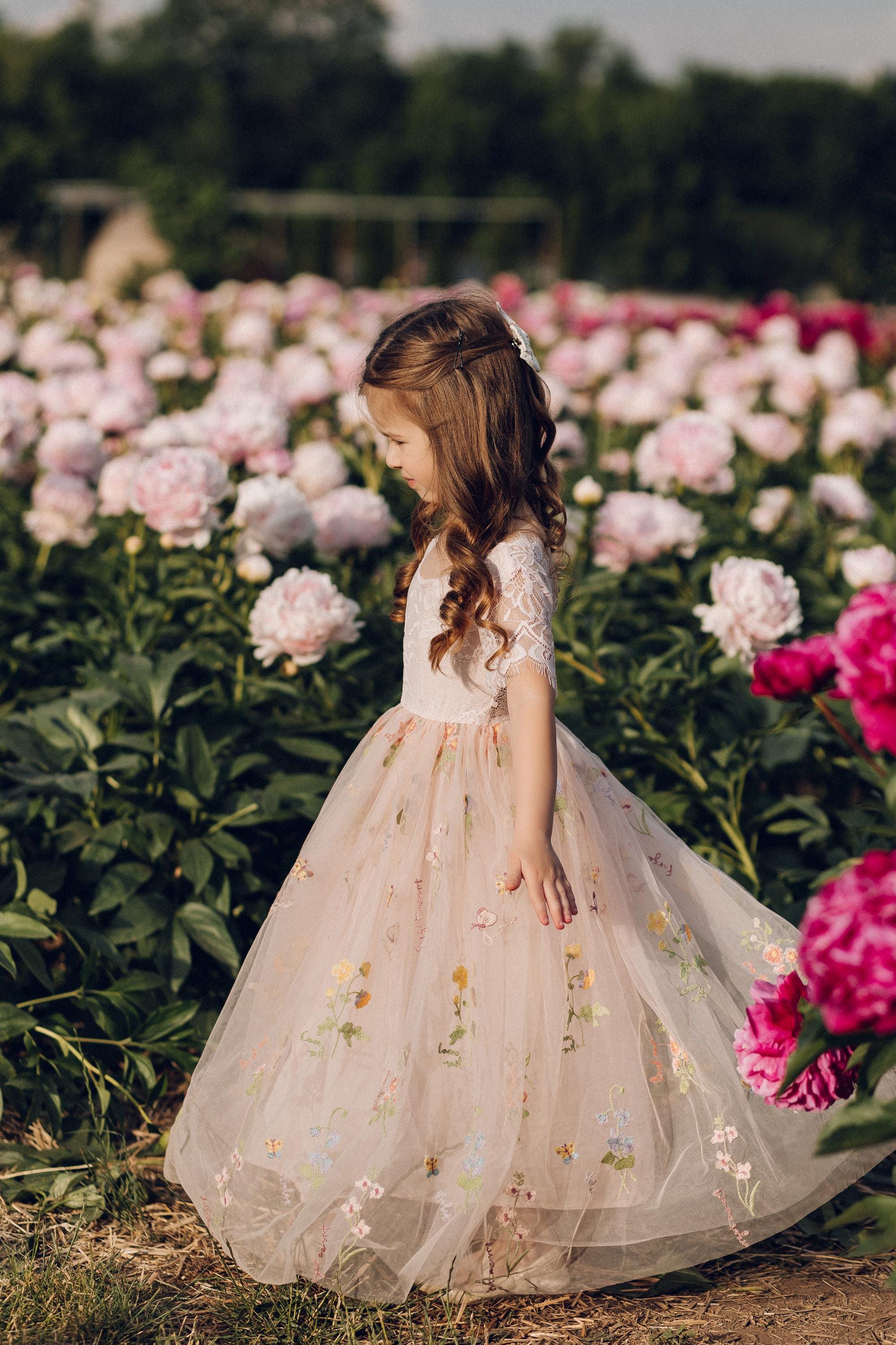 girls pink floral dress Pink Flower Girl Dress | Wildflower Embroidered Tulle | Boho