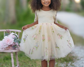 May include: A cream-colored dress featuring a lace bodice with short sleeves and a tulle skirt adorned with embroidered floral patterns. The garment is paired with a floral crown, and the skirt displays delicate botanical motifs in various colors.