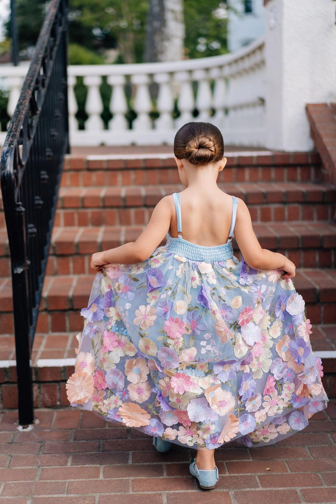 Flower Girl Dress | Sky Blue 3D Floral Tulle Gown | Spring Garden