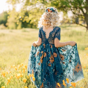 Teal Flower Girl Dress | Boho Floral Lace Tulle | Boho Wedding