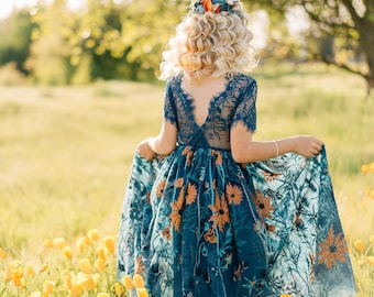 Teal Flower Girl Dress | Boho Floral Lace Tulle | Boho Wedding