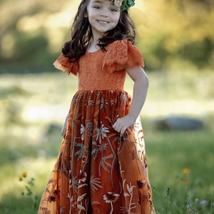 young girl's long brown dress flowers short ruffled sleeves Short Sleeve Flower Girl Dresses