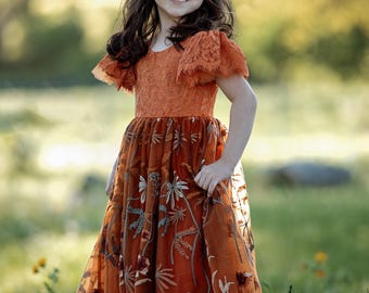 Burnt Orange Flower Girl Dress | Boho Embroidered Tulle | Spring