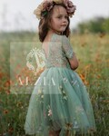 Sage Green Flower Girl Dress – Knee Length – Script Embroidered Tulle – Rustic Wedding Dress