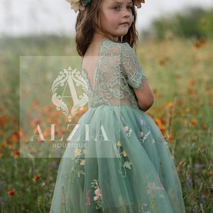 Sage Green Flower Girl Dress – Knee Length – Script Embroidered Tulle – Rustic Wedding Dress