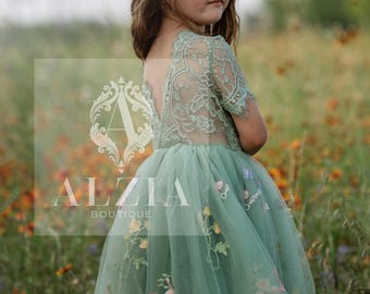 Sage Green Flower Girl Dress – Knee Length – Script Embroidered Tulle – Rustic Wedding Dress