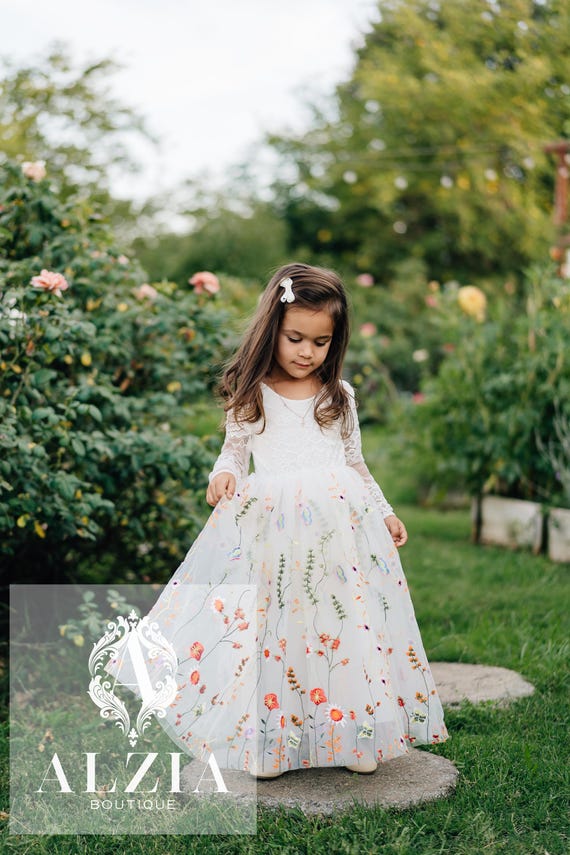 White Wildflowers Embroidered Tulle Flower Girl Dress - Etsy