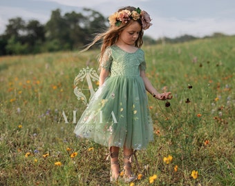 Floral Embroidered Tulle Flower Girl Dress, Easter Girls Dress, Spring Flower Girl Dress, Summer Floral Dress for Girls