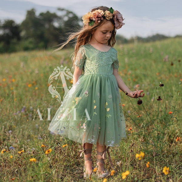 Floral Embroidered Tulle Flower Girl Dress, Easter Girls Dress, Spring Flower Girl Dress, Summer Floral Dress for Girls