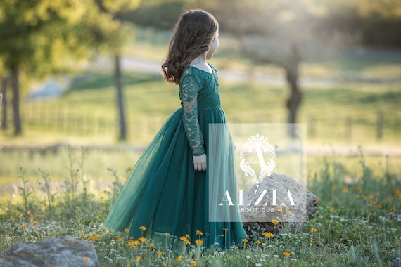 sachin and babi light blue dress Emerald Green Flower Girl Dress: Lace Long Sleeve Tulle Gown