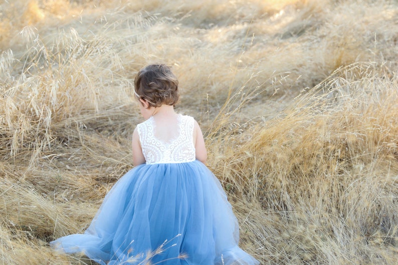 Full Length Sleeveless Dusty Blue Tulle Lace Top Scalloped Edges Back Party Flower Girl Dress