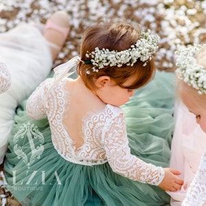 Sage Green Flower Girl Lace Dress With Tulle Bottom image 9