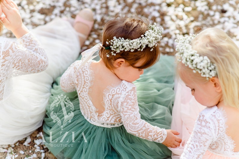 Sage Green Flower Girl Lace Dress With Tulle Bottom image 9