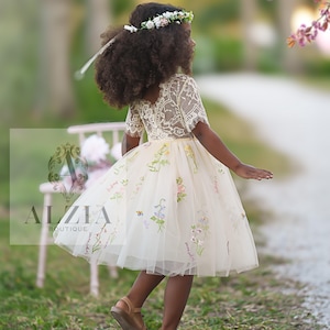 Champagne Knee Length Tulle with Embroidery – Forget Me Not – Short or Long Sleeve