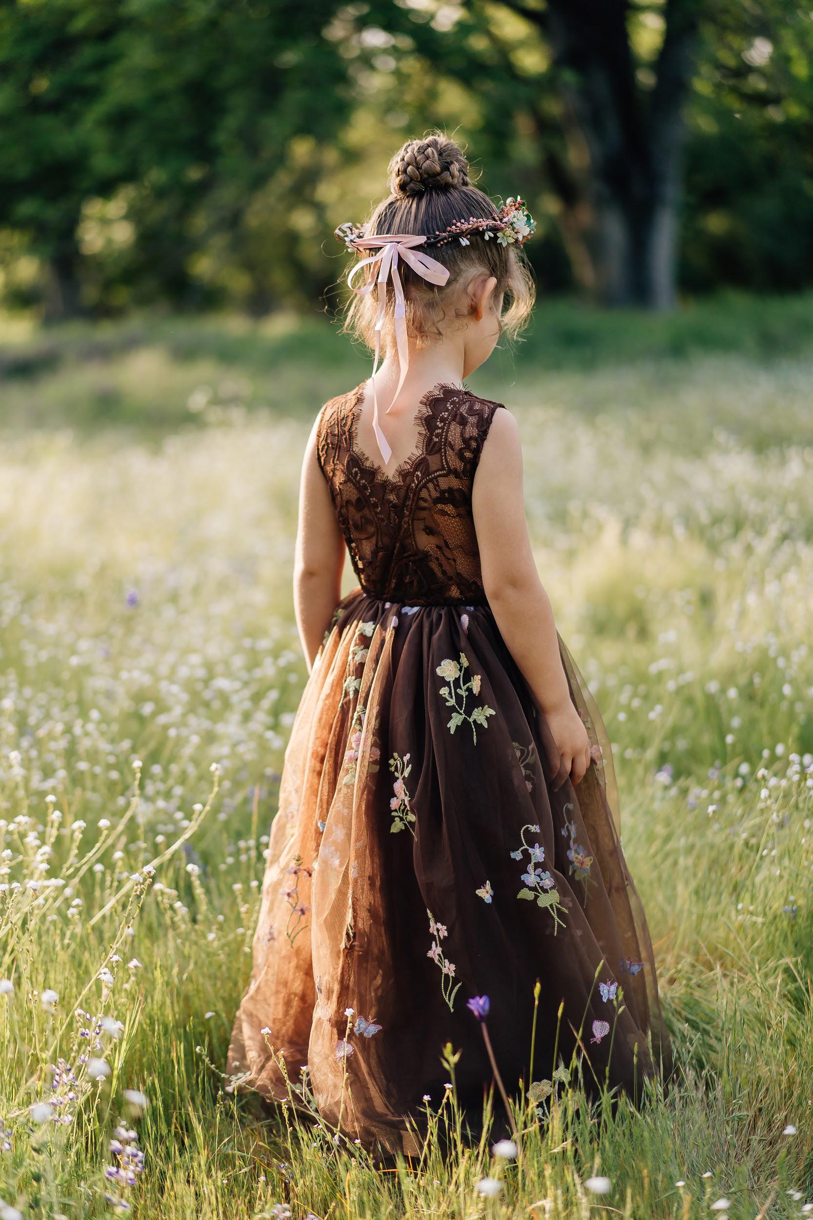 brown floral dress girls Girls: The Tatum Brown Floral Scalloped Midi Dress, (7/8) - The Mint Julep Boutique