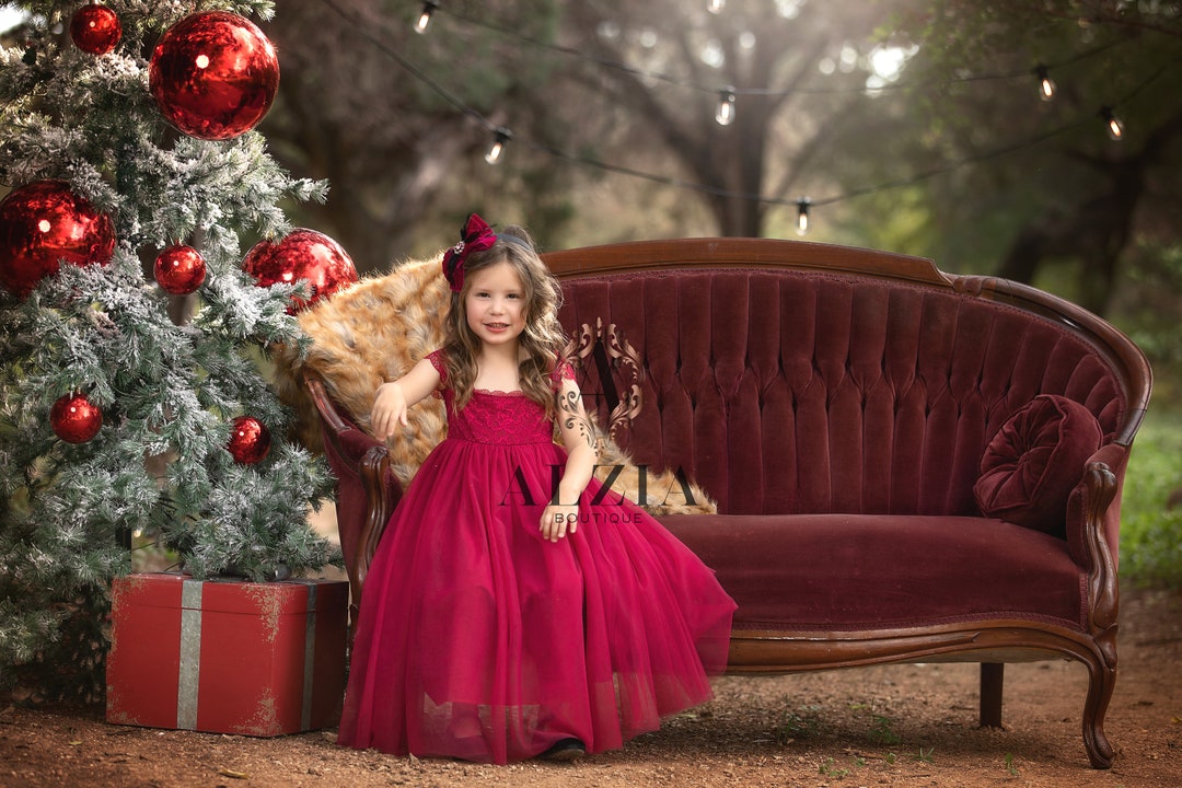 Berry Red Girls Christmas Dress Toddler Lace Dress for Christmas