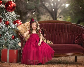 Berry Red Girls Christmas Dress, Toddler Lace Dress for Christmas,  Holiday party dress, Christmas photo dress, Red Flower Girl Dress