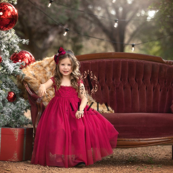 Vestido de Navidad Berry Red Girls, vestido de encaje para niños pequeños para Navidad, vestido de fiesta navideña, vestido de fotos de Navidad, vestido de niña de flores rojas