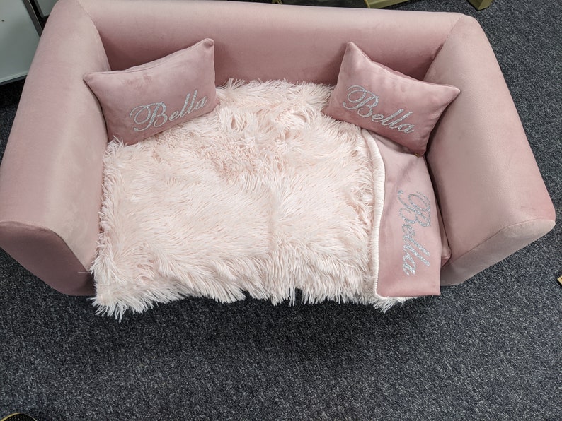 Pink dog sofa bed with pillows faux fur blanket & treat bag Etsy