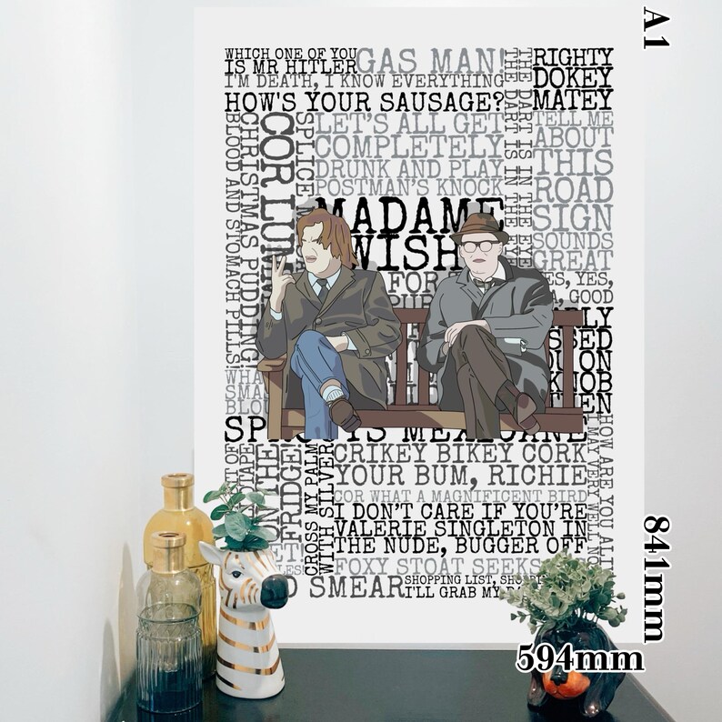 K&ouml;nnte beinhalten: Gerahmtes A1-Poster mit einer Cartoon-Illustration von zwei M&auml;nnern auf einer Bank, umgeben von Text. Das Poster misst 84,1 cm x 59,4 cm und zeigt verschiedene Phrasen.