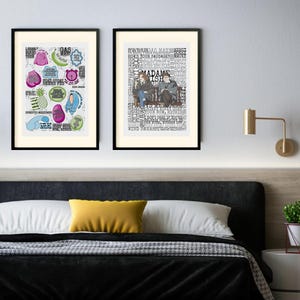 K&ouml;nnte beinhalten: Zwei gerahmte Kunstdrucke mit schwarzen Rahmen h&auml;ngen &uuml;ber einem Bett. Ein Druck zeigt bunte Cartoon-Bilder und Text. Der andere Druck hat ein Schwarz-Wei&szlig;-Design mit zwei Personen und Text.