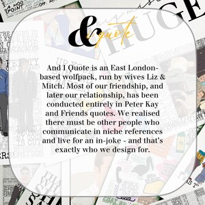 K&ouml;nnte beinhalten: Eine Collage von Bildern mit Text, einschlie&szlig;lich der W&ouml;rter "& quote" in einer dekorativen Schriftart. Der Text beschreibt "I Quote", eine in East London ans&auml;ssige Gruppe, und ihren Fokus auf Nischenreferenzen und Insider-Witze.