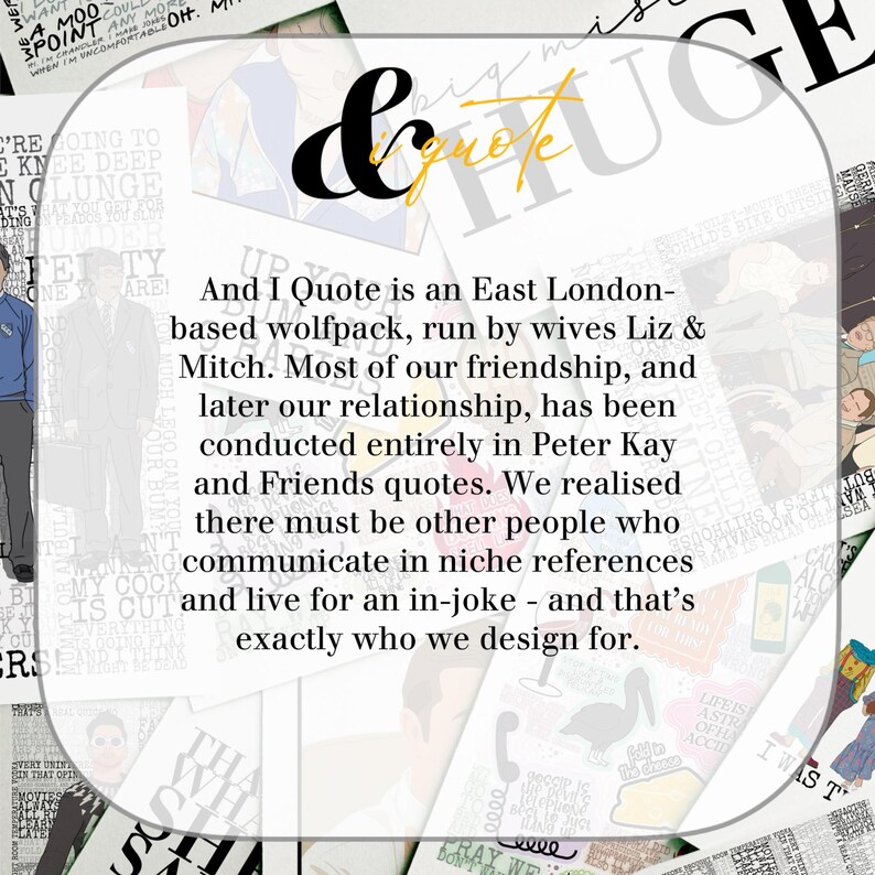 K&ouml;nnte beinhalten: Eine Collage von Bildern mit Text, einschlie&szlig;lich der W&ouml;rter "& quote" in einer dekorativen Schriftart. Der Text beschreibt "I Quote", eine in East London ans&auml;ssige Gruppe, und ihren Fokus auf Nischenreferenzen und Insider-Witze.