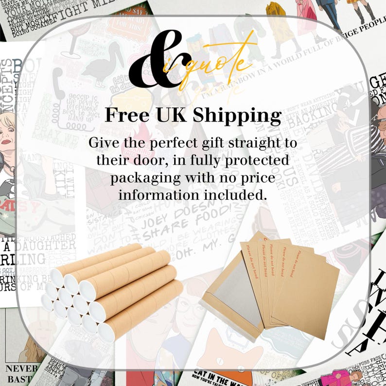 K&ouml;nnte beinhalten: Abbildung von gerollten Postern und Schutzverpackungen. Der Text lautet "Free UK Shipping" und "Give the perfect gift straight to their door, in fully protected packaging with no price information included."