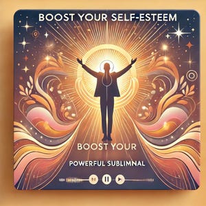 Puede incluir: Gráfico cuadrado con el texto "BOOST YOUR SELF-ESTEEM" en la parte superior y "BOOST YOUR POWERFUL SUBLIMINAL" en la parte inferior. La imagen presenta una figura silueteada con los brazos levantados, rodeada de luz dorada y estrellas.